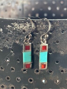 Sterling Silver Genuine Turquoise and Red Stone Inlay Dangle Earrings